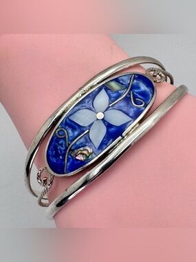 Vintage Veta Mexico Silver Abalone Flower Cuff Bracelet Blue Inlay